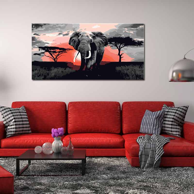 Peinture par numéro Éléphant fond rouge