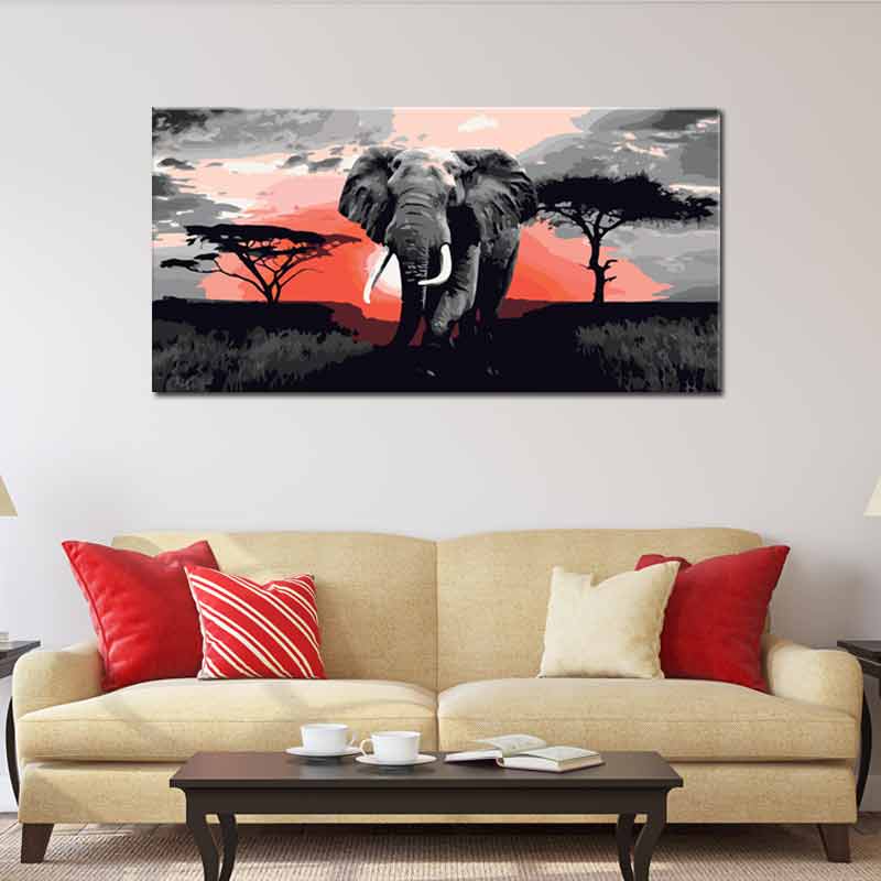 Set complet de Peinture numérotée avec un Éléphant sur un fond rouge