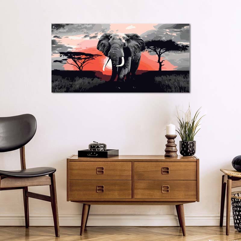 Peinture par numéro Éléphant fond rouge - TabloDéco.fr