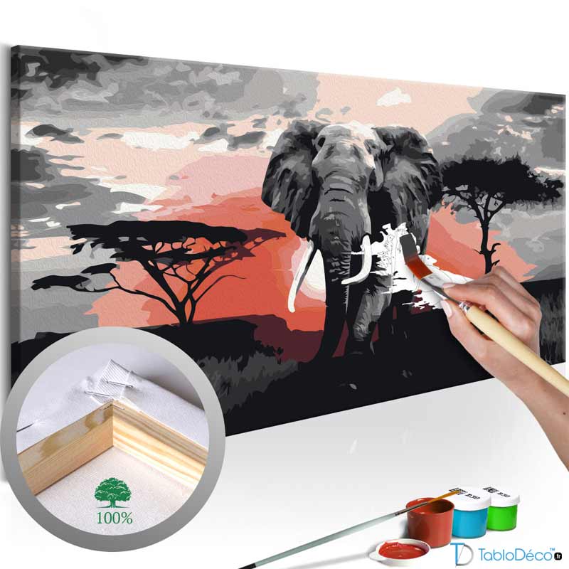Peinture par numéro Éléphant fond rouge sur toile