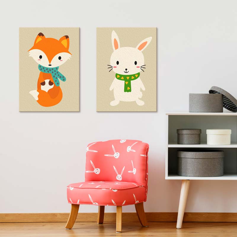 Peinture pour enfant numéroté d'un renard et d'un lapin - TabloDéco.fr