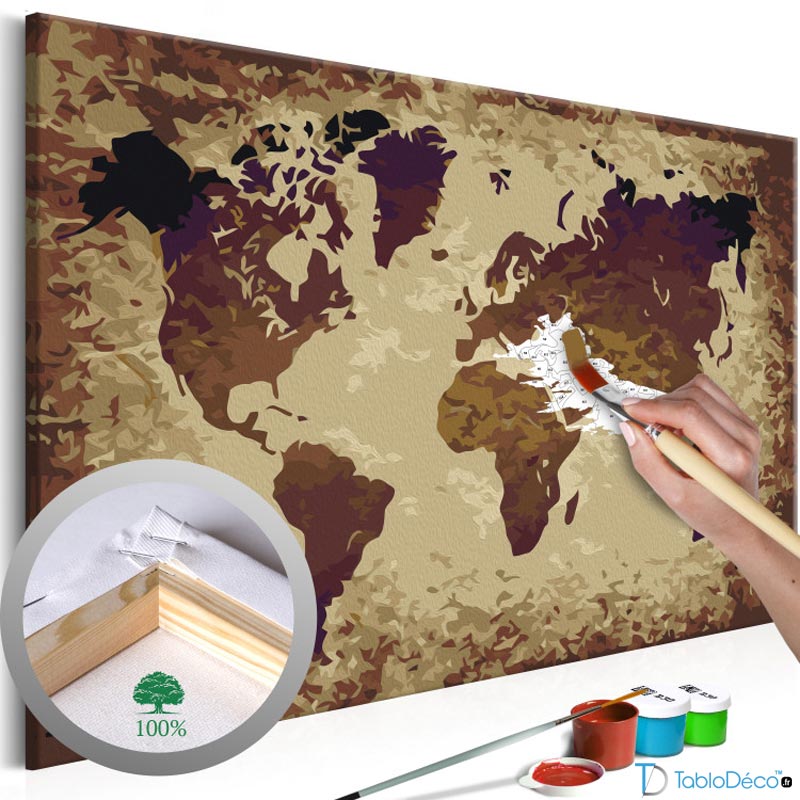 Toile à peindre avec numéros Carte du Monde Marron - TabloDéco.fr