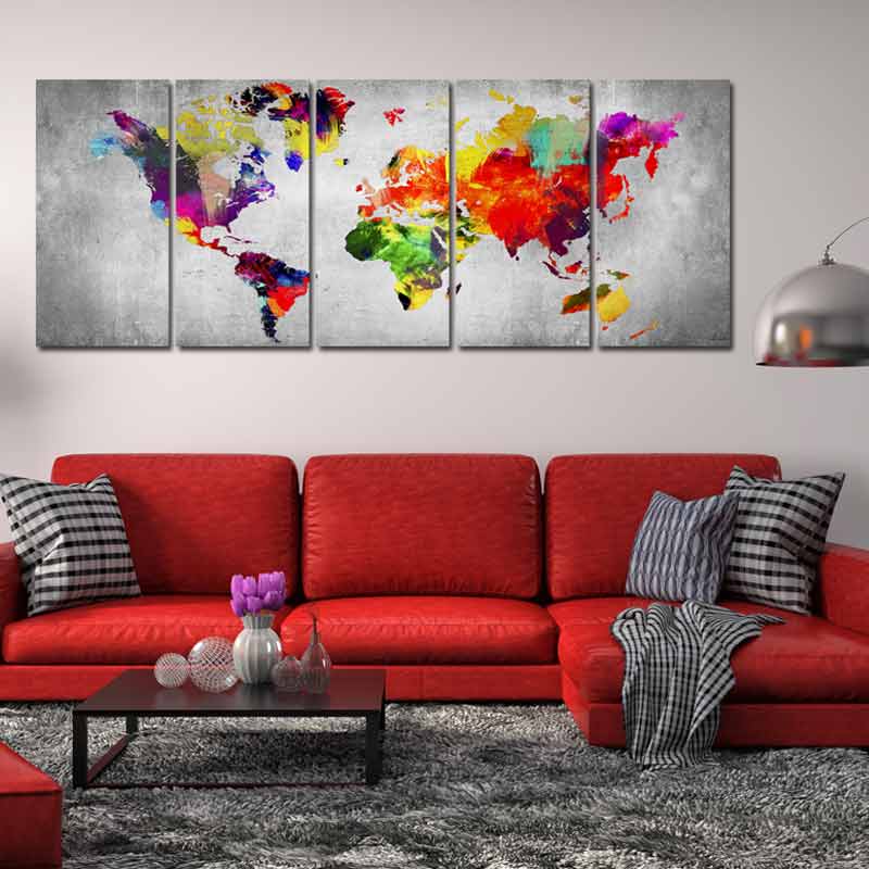 Tableau mural en 5 parties Carte du Monde