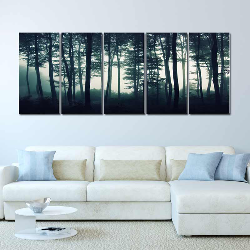 Tableau arbre dans la brume en 5 panneaux