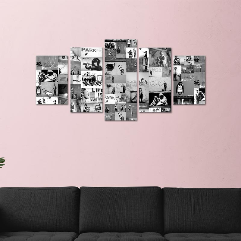 Tableau Banksy 5 panneaux Noir et Blanc - TabloDéco.fr