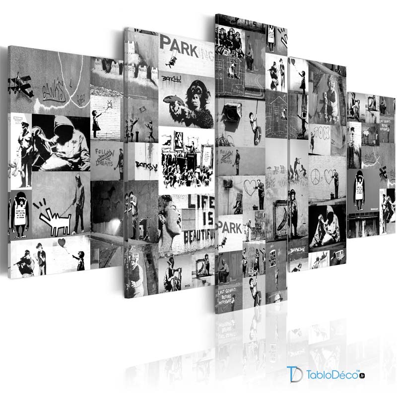 Acheter un Tableau Banksy en 5 panneaux Noir et Blanc - TabloDéco.fr