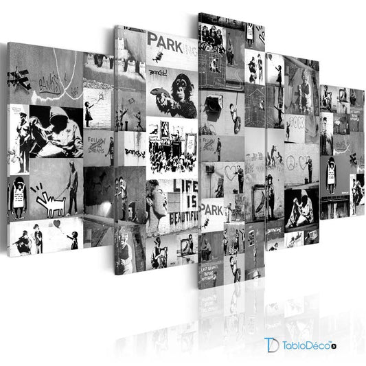 Acheter un Tableau Banksy en 5 panneaux Noir et Blanc - TabloDéco.fr