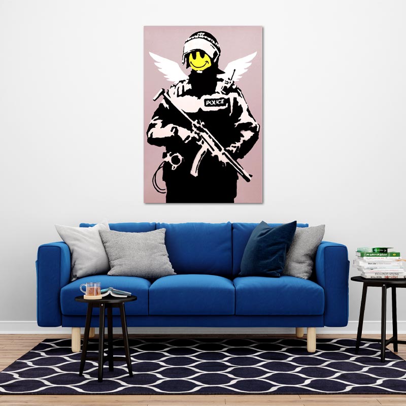 Reproduction sur toile de "Flying Copper" by Banksy - TabloDéco.fr