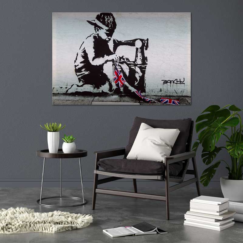 Toile décorative de Banksy Union Jack Kid - TabloDéco.fr