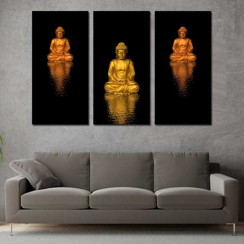 Tableau Bouddha Noir et Or en 3 parties - TabloDéco.fr