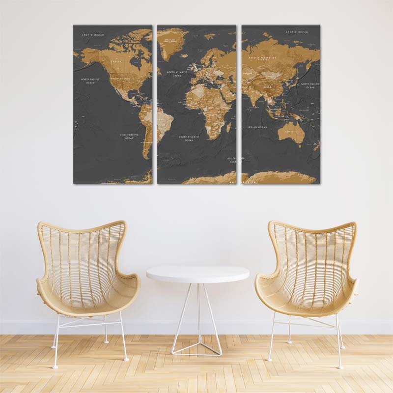 Tableau Carte du Monde en 3 panneaux - TabloDéco.fr