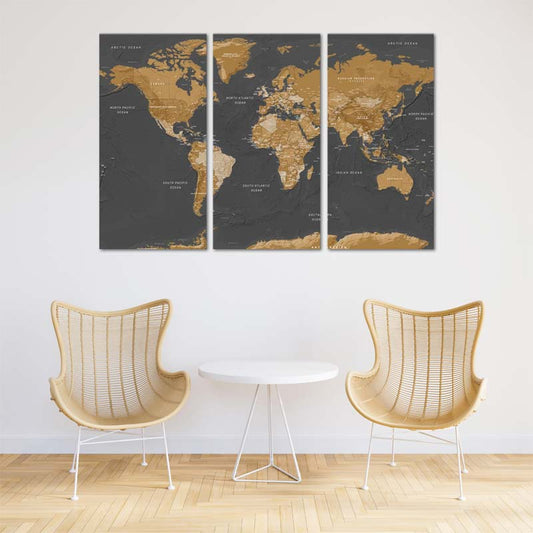 Tableau Carte du Monde en 3 panneaux - TabloDéco.fr