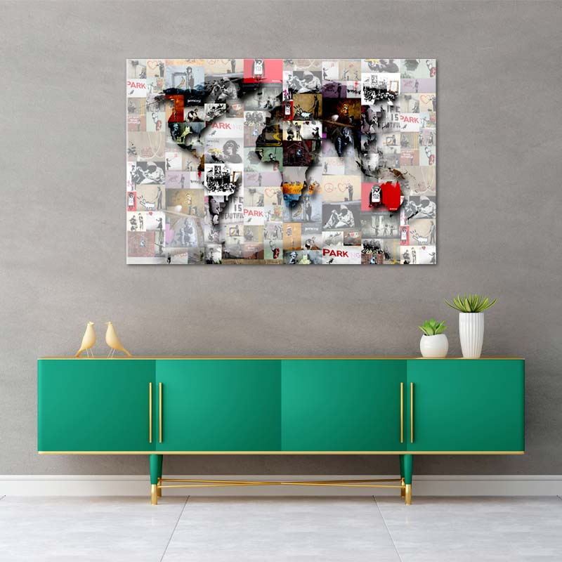 Toile décorative d'une Carte du Monde Banksy - TabloDéco.fr