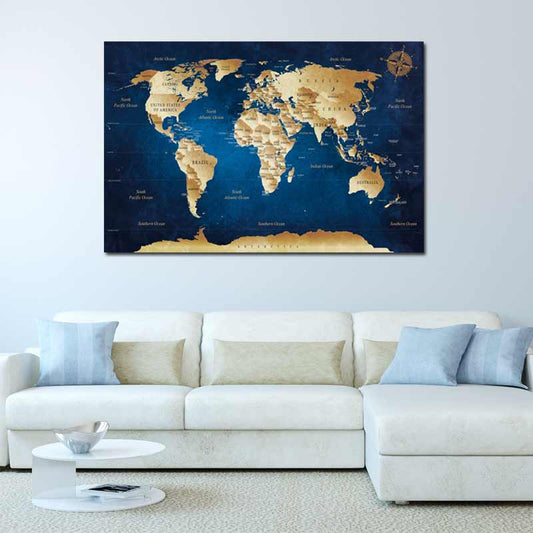 Tableau sur toile Carte du Monde Bleue