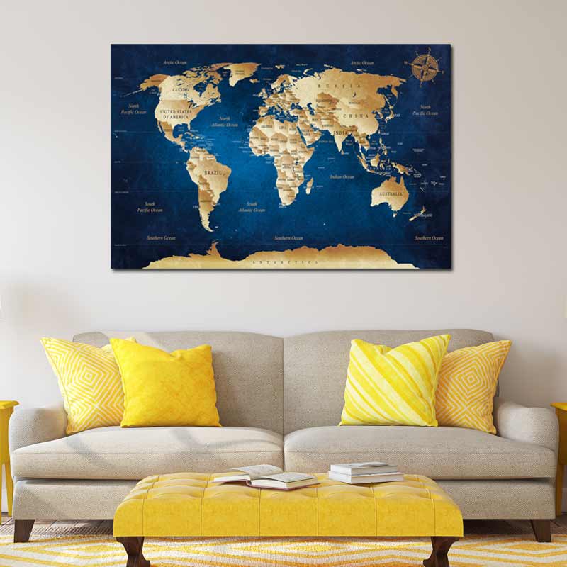 Tableau Carte du Monde Bleue
