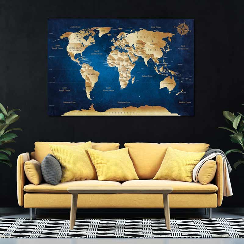 Tableau Décoratif Carte du Monde Bleue