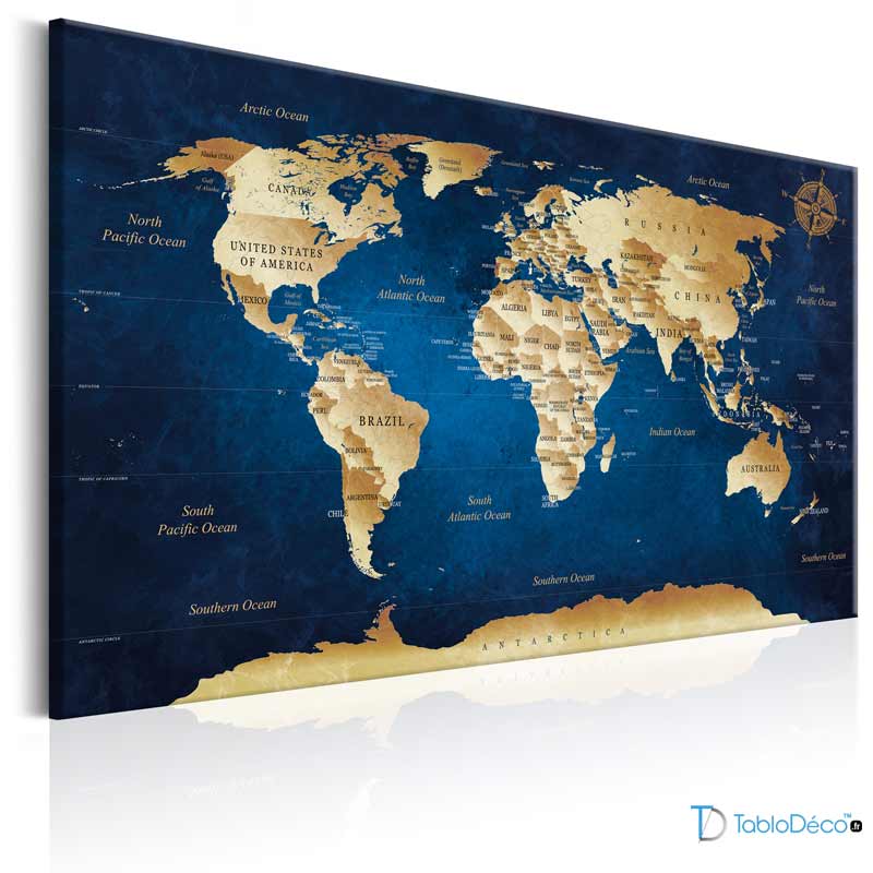 Tableau mural Carte du Monde Bleue