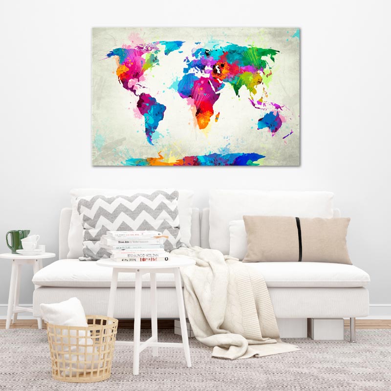 Toile Carte du Monde Colorée sur Fond Blanc - TabloDéco.fr