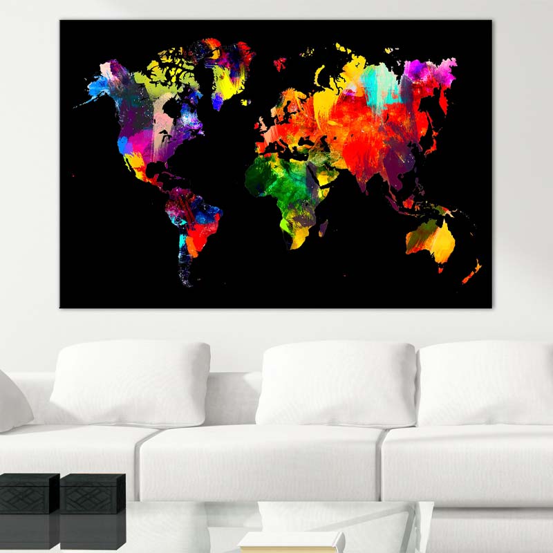 Toile imprimée d'une Carte du Monde Colorée sur fond noir