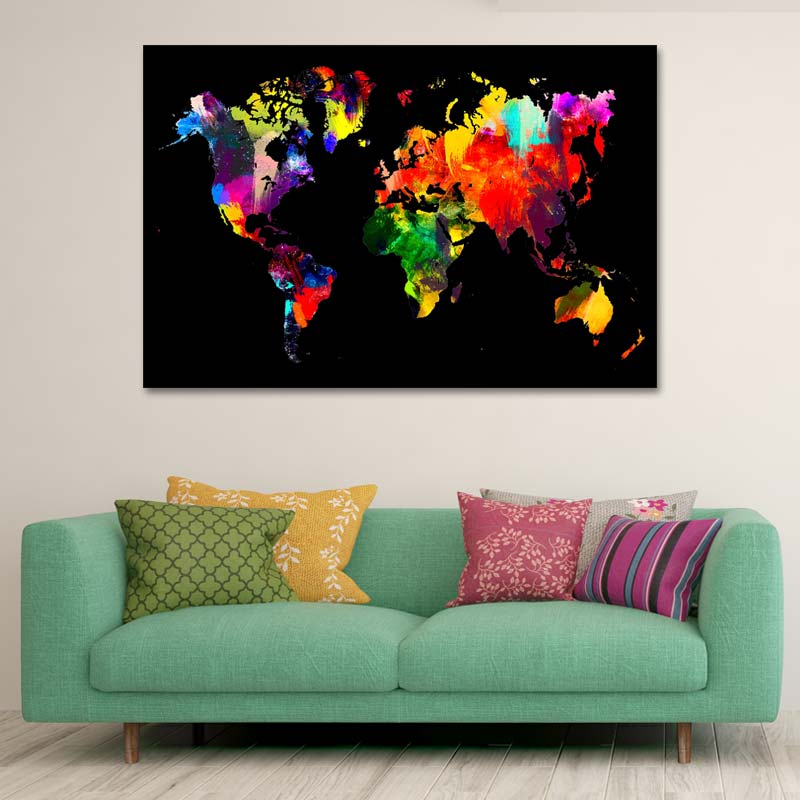 Tableau de décoration murale avec une Carte du Monde Colorée sur fond noir