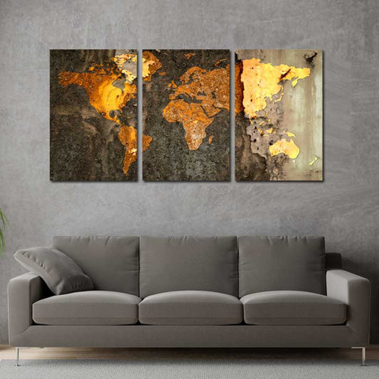 Tableau Carte du Monde Doré en 3 parties