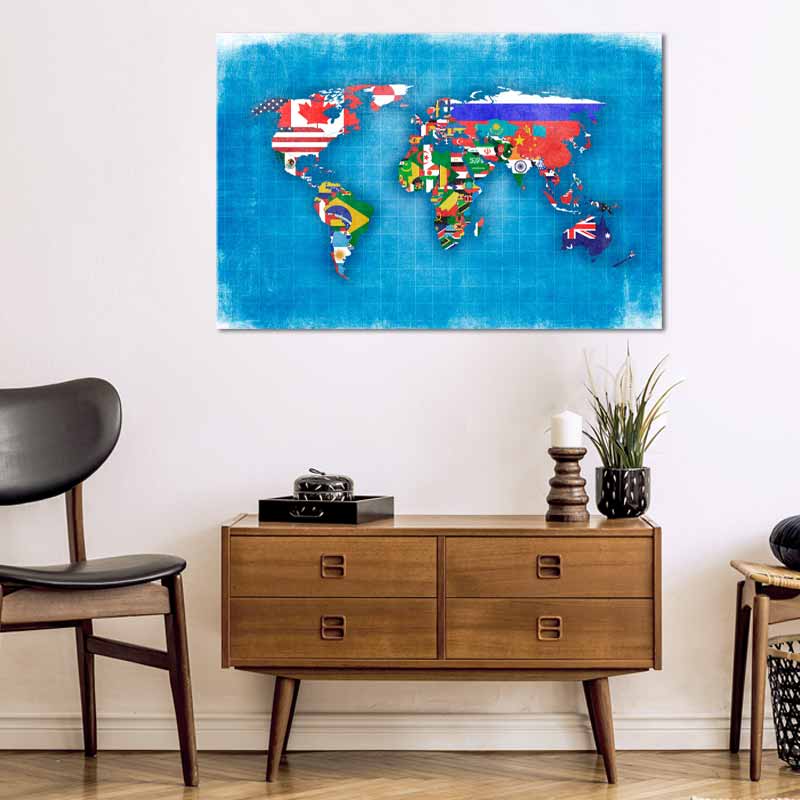 Toile décorative Carte du Monde avec les Drapeaux des pays - TabloDéco.fr