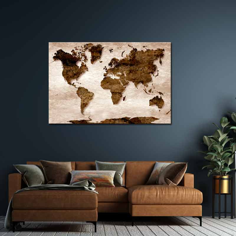 Tableau Carte du Monde impression sur toile Gris Marron