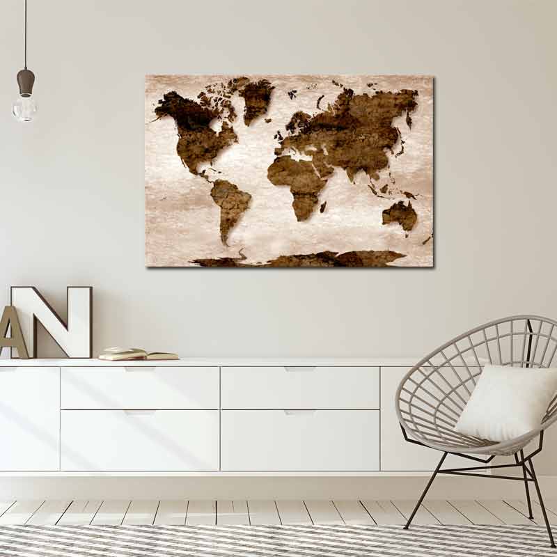 Tableau Mural Carte du Monde impression sur toile Gris et Marron