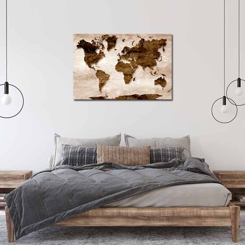 Tableau Décoratif Carte du Monde impression sur toile Gris Marron