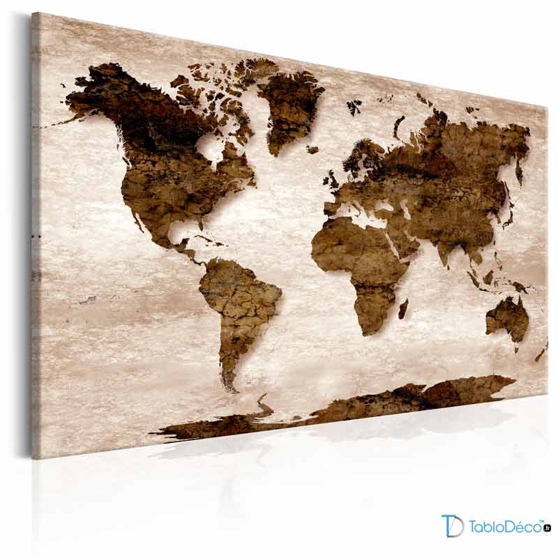 Tableau Déco Carte du Monde impression sur toile Gris Marron