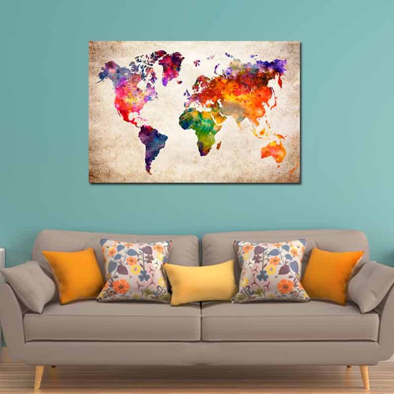 Tableau sur toile imprimée d'une Carte du Monde Multicolore