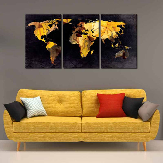 Tableau Carte du Monde design Noir et Or en 3 panneaux
