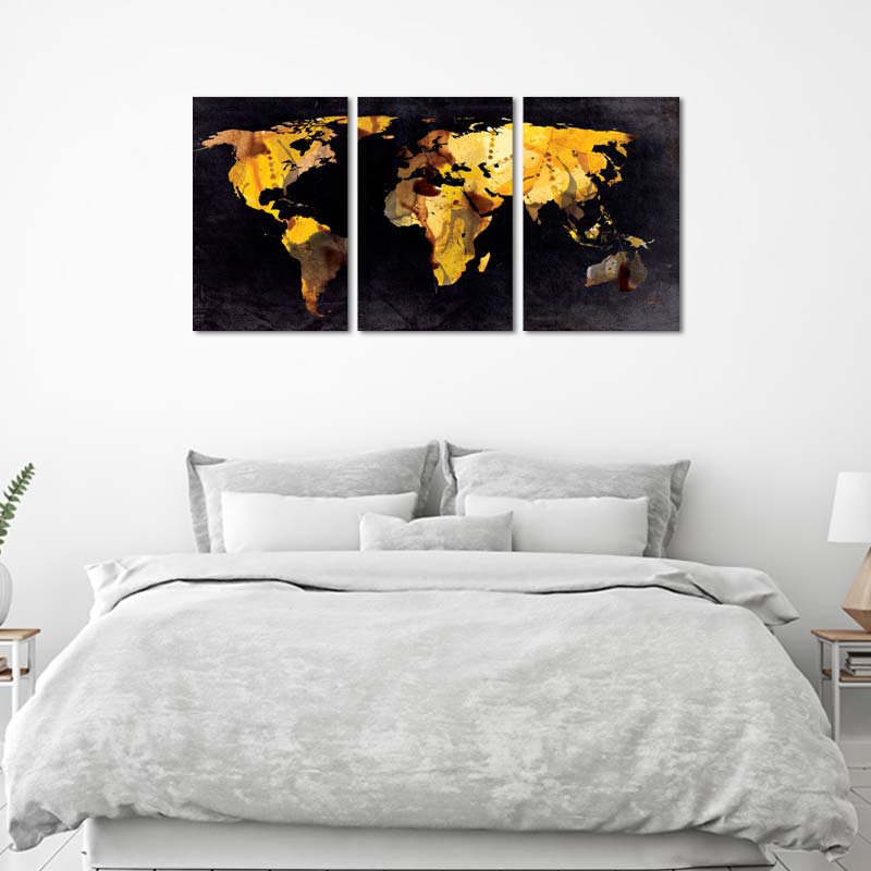 Tableau de décoration en 3 panneaux d'une Carte du Monde Noir et Or