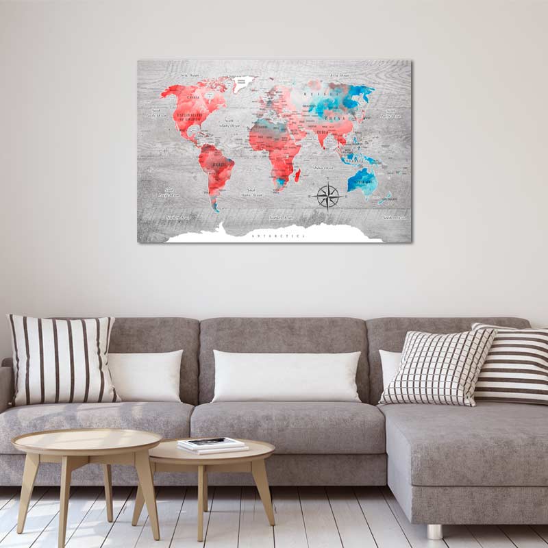 Tableau de décoration sur toile d'une Carte du Monde Rouge - TabloDéco.fr