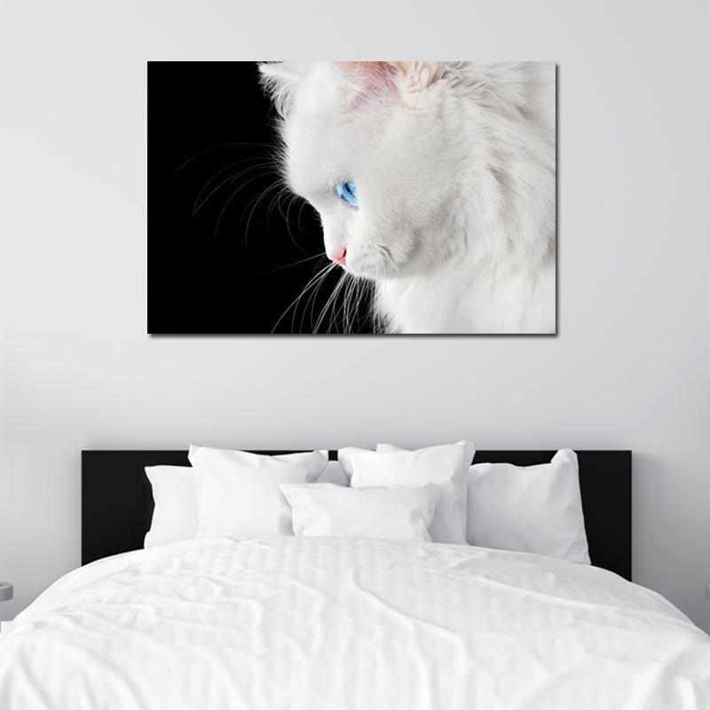 Tableau sur toile d'un Chat Blanc aux Yeux Bleus
