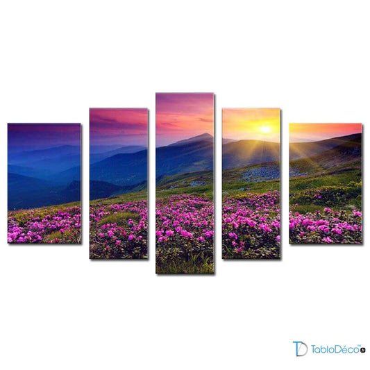 Tableau Coucher de Soleil Montagne en 5 panneaux