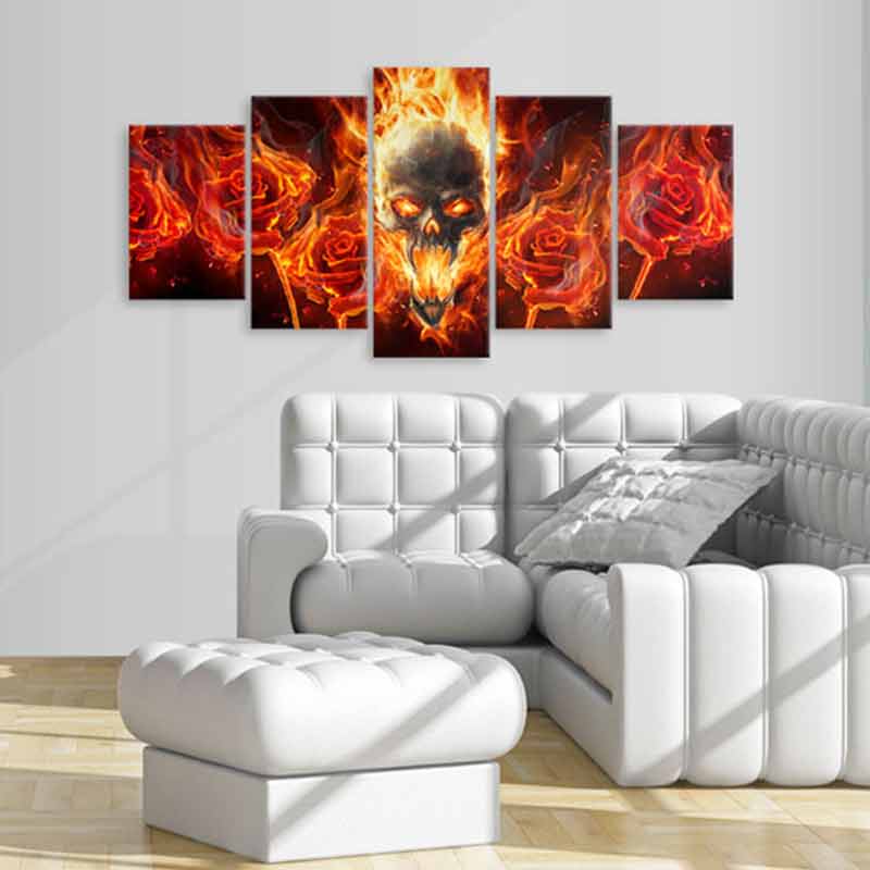 Tableau crâne et roses en feu