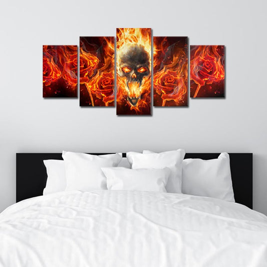 Tableau déco crâne et roses en feu 5 panneaux