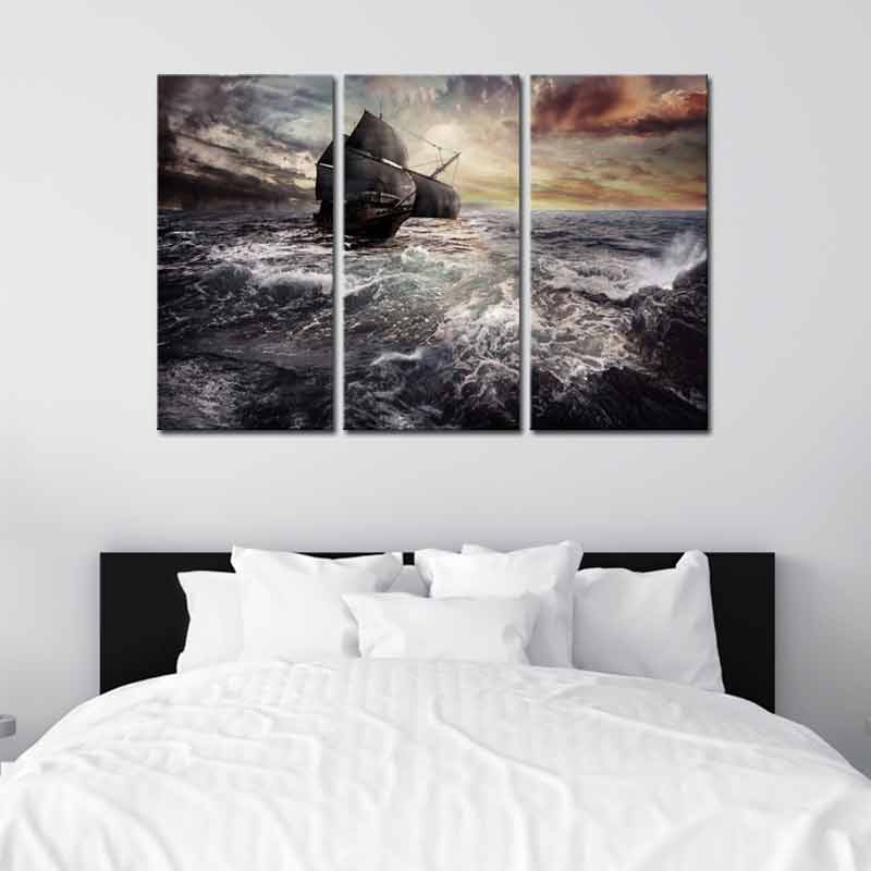 Tableau 3 panneaux de Bateau dans la Tempête