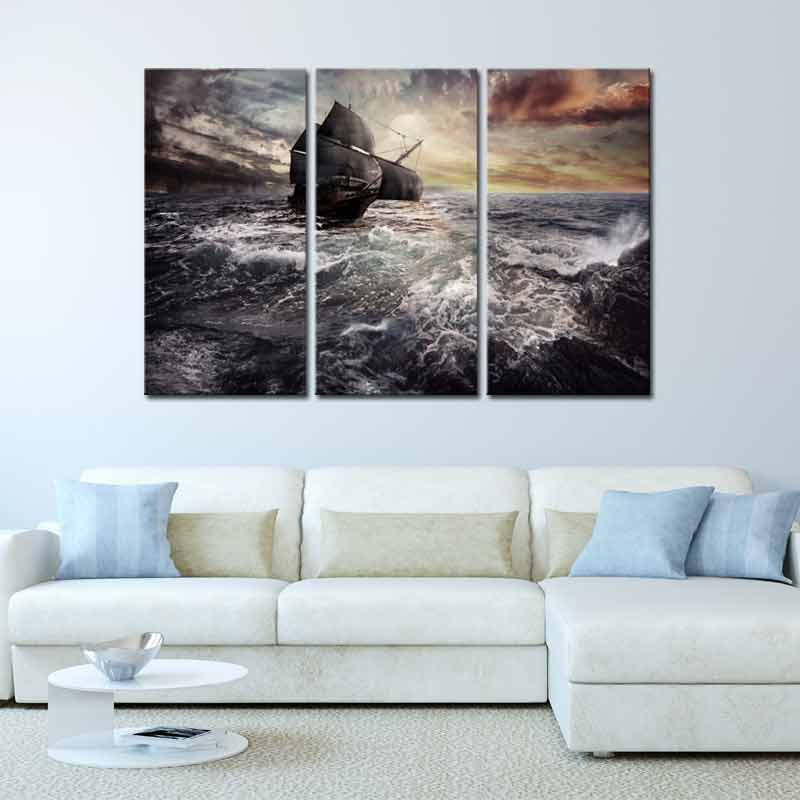 Tableau triptyque d'un Bateau dans la Tempête
