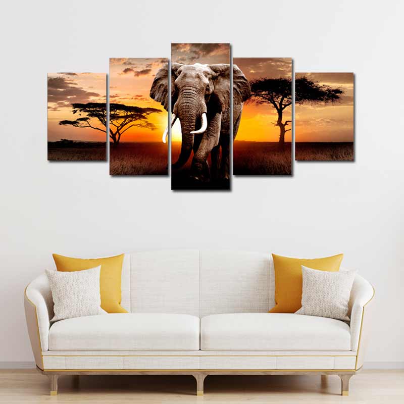 Tableau décoratif en 5 parties Éléphant