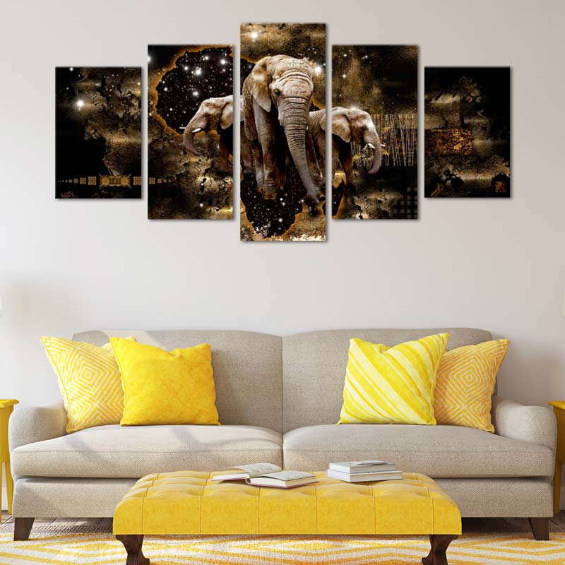 Tableau de décoration en 5panneaux d'un Éléphant Design