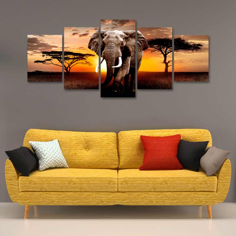 Tableau Éléphant Grand Format sur châssis en 5 parties