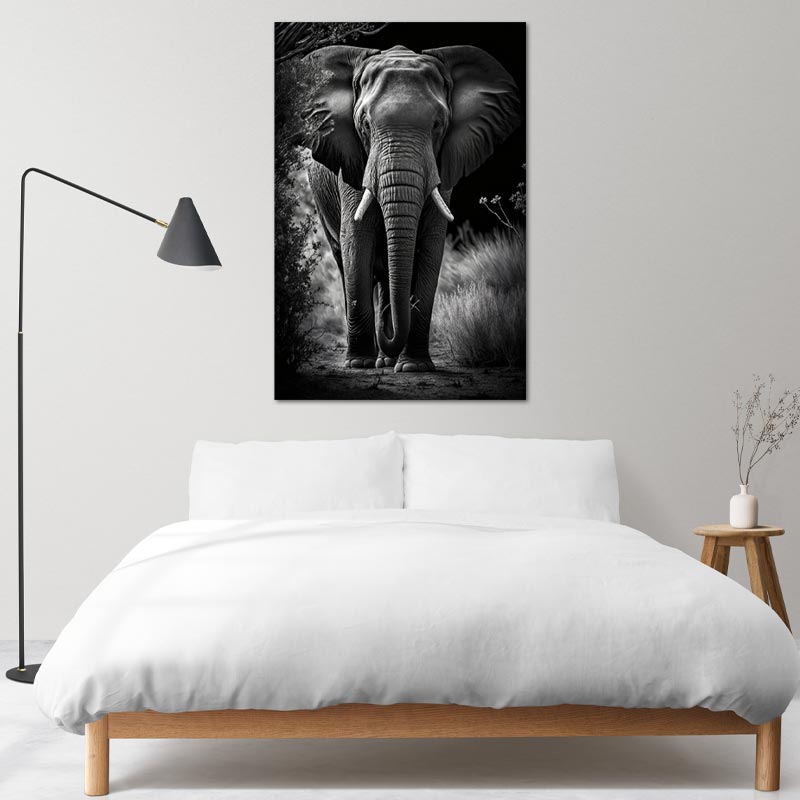 Tableau de décoration d'un Éléphant Noir et Blanc dans une chambre - TabloDéco.fr