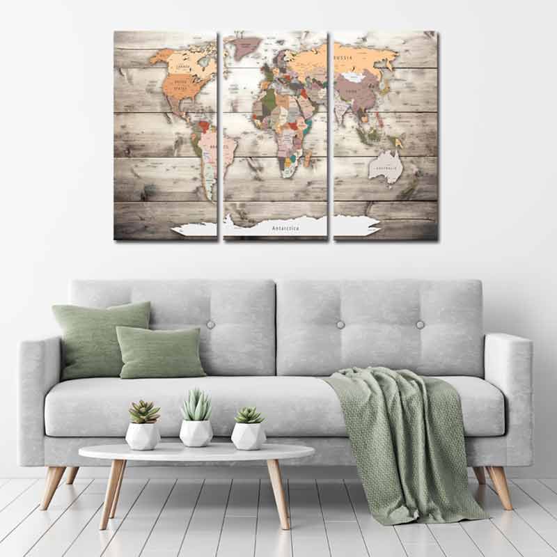 Tableau en liège - mappemonde en 3 parties