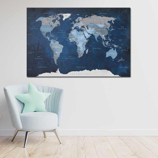 Tableau en liège - Carte du Monde Bleu Profond