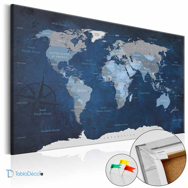 Acheter un Tableau en liège - Carte du Monde Bleu Profond