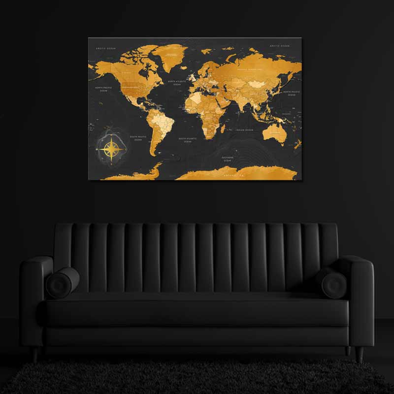 Tableau en liège - Carte du Monde Noir et Doré