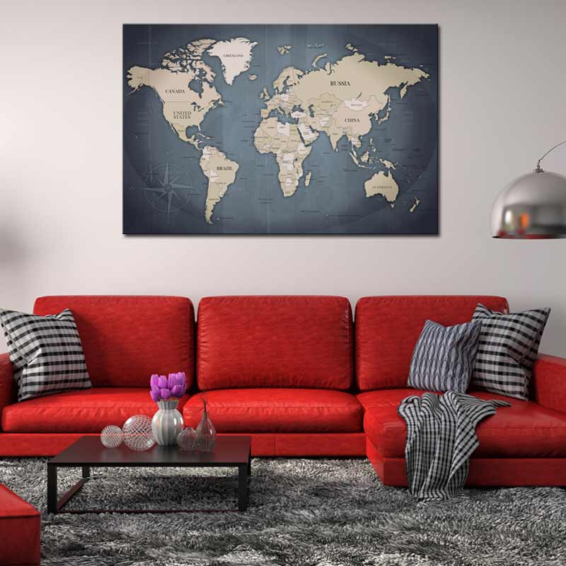 Tableau en liège - Carte du Monde nuances de bleu