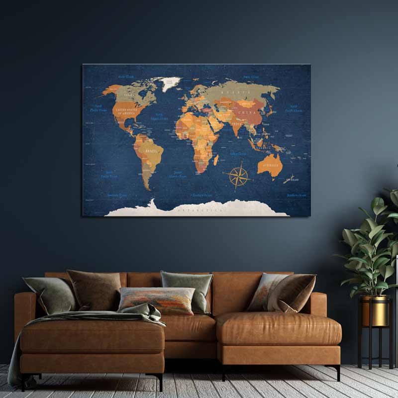 Tableau en liège - Carte du Monde Océans Bleutés